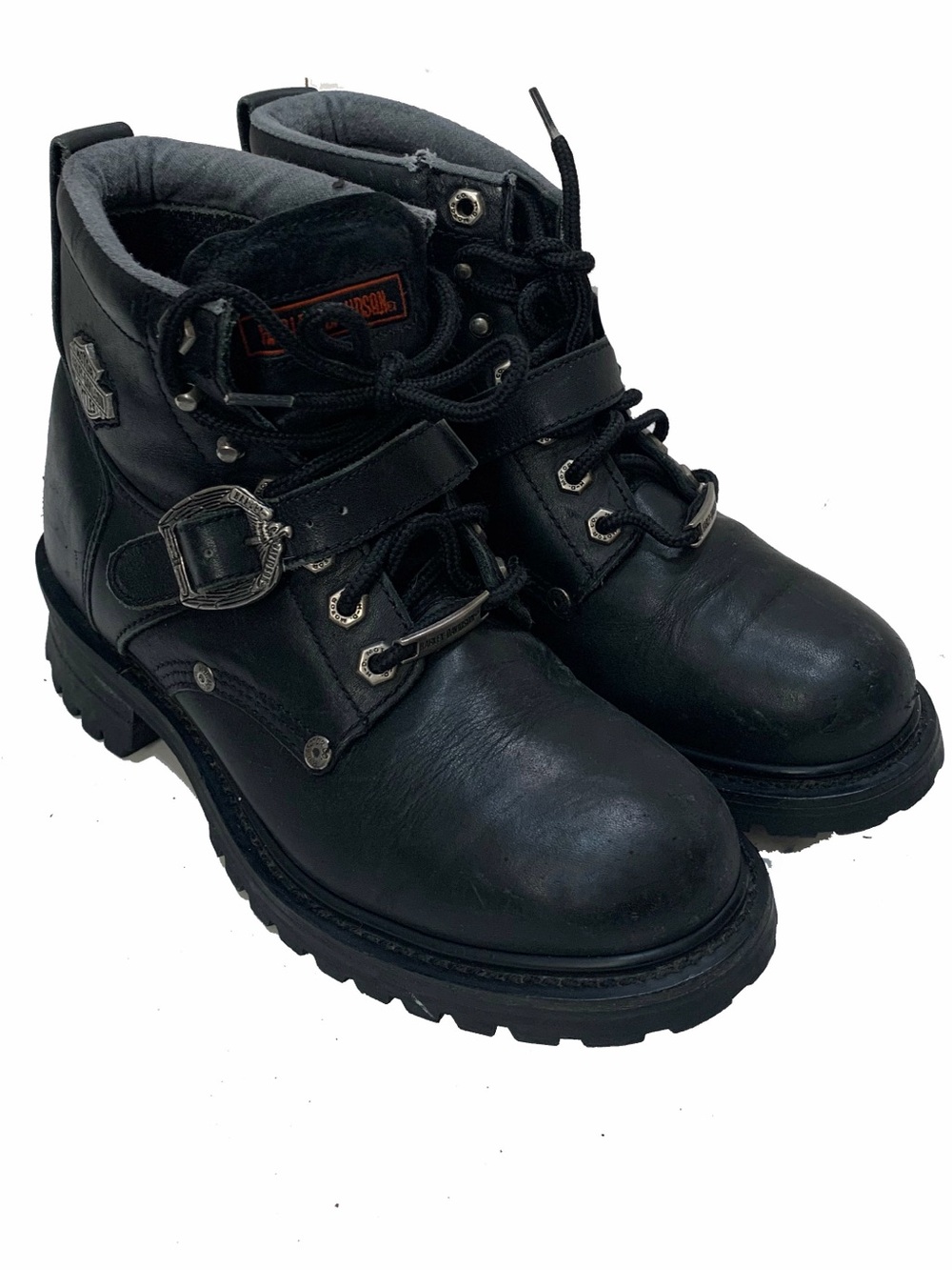 Harley-Davidson Black Leather Lace-Up Moto Boots with Buckle Accent